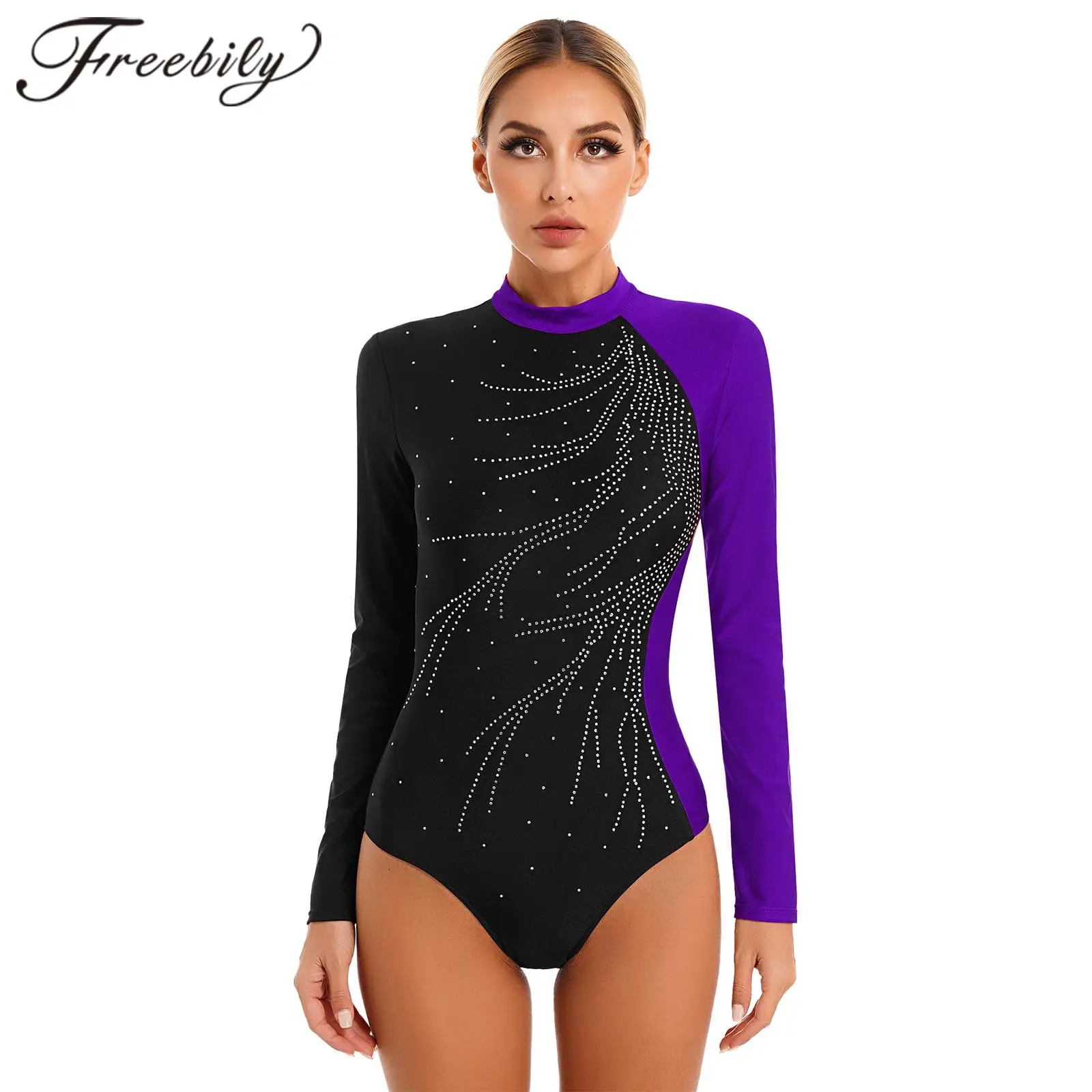 

Womens Gymnastics Jumpsuits Glitter Rhinestone Color Block Ballet Leotard Long Sleeve Mock Neck Figure Skating Dance Bodysuit