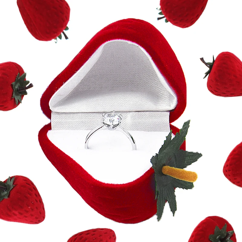 New Strawberry Ring Box Rose Flower Jewelry Package Box Wedding Party Rings Earring Display Box Heart Flocking Gift Storage Case