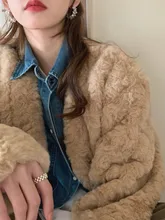  T-TOP Retro Solid Color Women Lambs Wool Jacket Coat 2022 Winter V-neck Baggy Long Sleeve Female Outer Warm Thick Simple Basic 