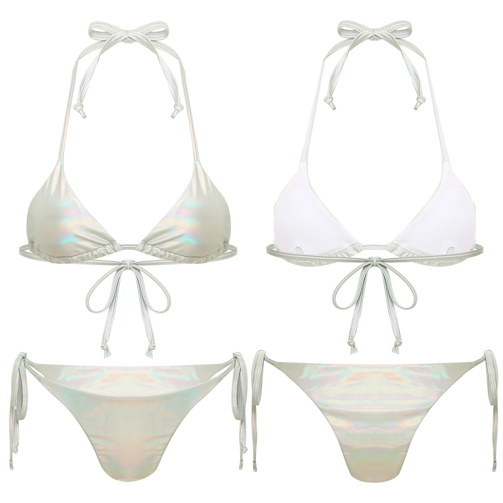 thumbnail image 1 of Traje de baño minibikini con cordones brillantes y metalizados para mujer, top de copa triangular acolchado con braguitas, traje de baño sexy de 2 piezas para playa, 1 of 5