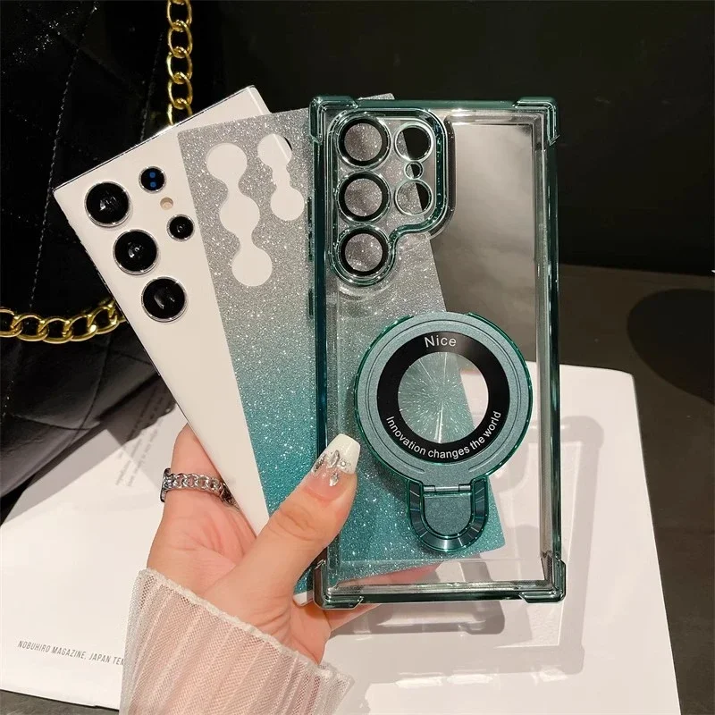 Plating Airbag Gradient Case with Lens Protection and Magnetic Holder Cover