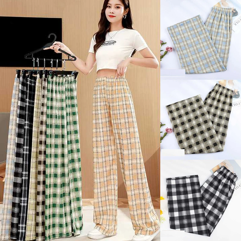 

Брюки женские клетчатые с широкими штанинами, модные тонкие повседневные свободные прямые длинные штаны с завышенной талией, на лето
