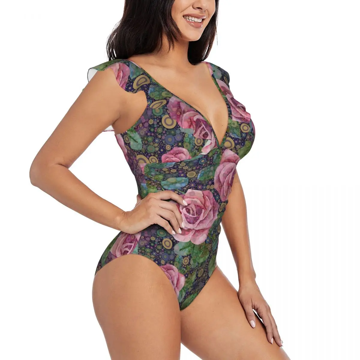 

Women Abstract Roses Art One Piece Swimwear Sexy Ruffle Swimsuit Summer Beach Wear Slimming Bathing Suit