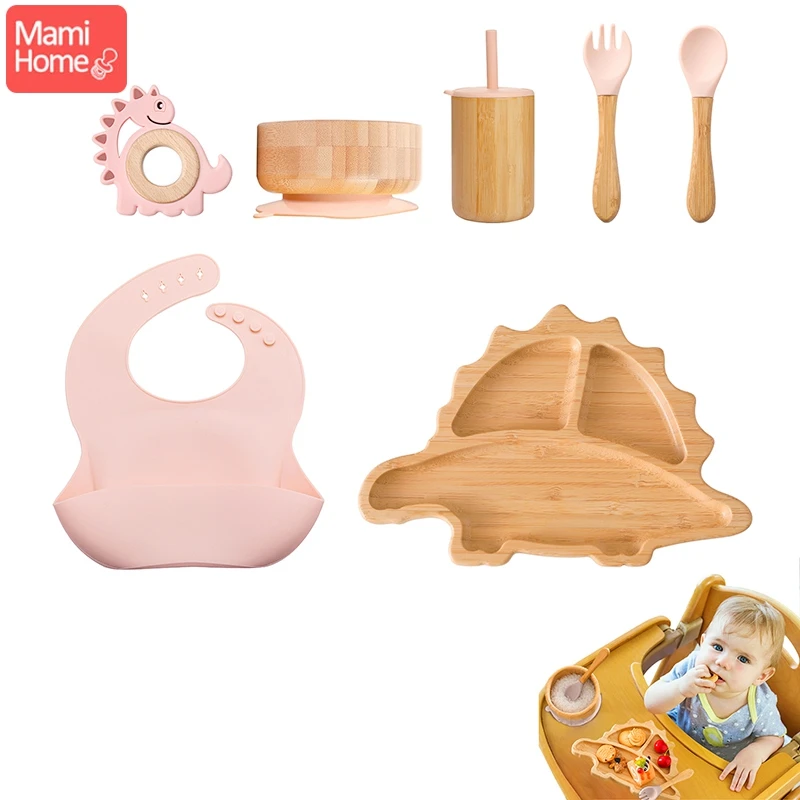 7pcs-bamboo-wooden-dinosaur-baby-feeding-dinner-plate-silicone-suction-bowl-wood-handle-spoon-fork-tableware-set-for-kids-gift