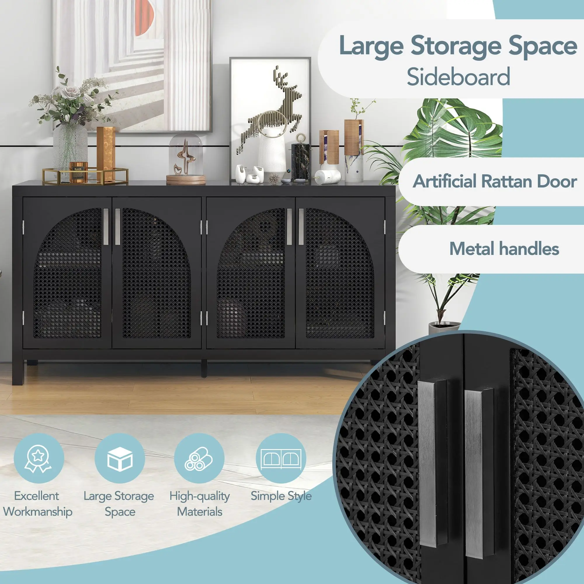 Large Storage Space Sideboard with Artificial Rattan Door and Metal Handles for Living Room and Entryway