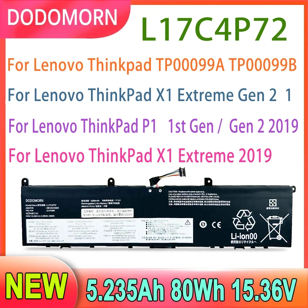 Nuova Batteria Per Laptop L17C4P72 Per Lenovo Thinkpad Tp00099A Tp00099B,X1 Extreme Gen 1 / 2019,P1 1St Gen,P1 Gen 2 2019 Series 80Wh