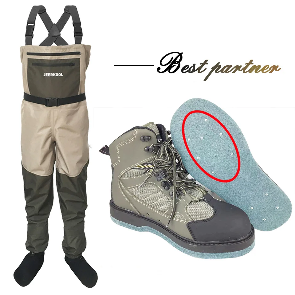 Fly Fishing Waders and Shoes Set, Fishing Suit, Spike Felt or Rubber Sole Boots, Waterproof Wading Clothes, Chest Boots
