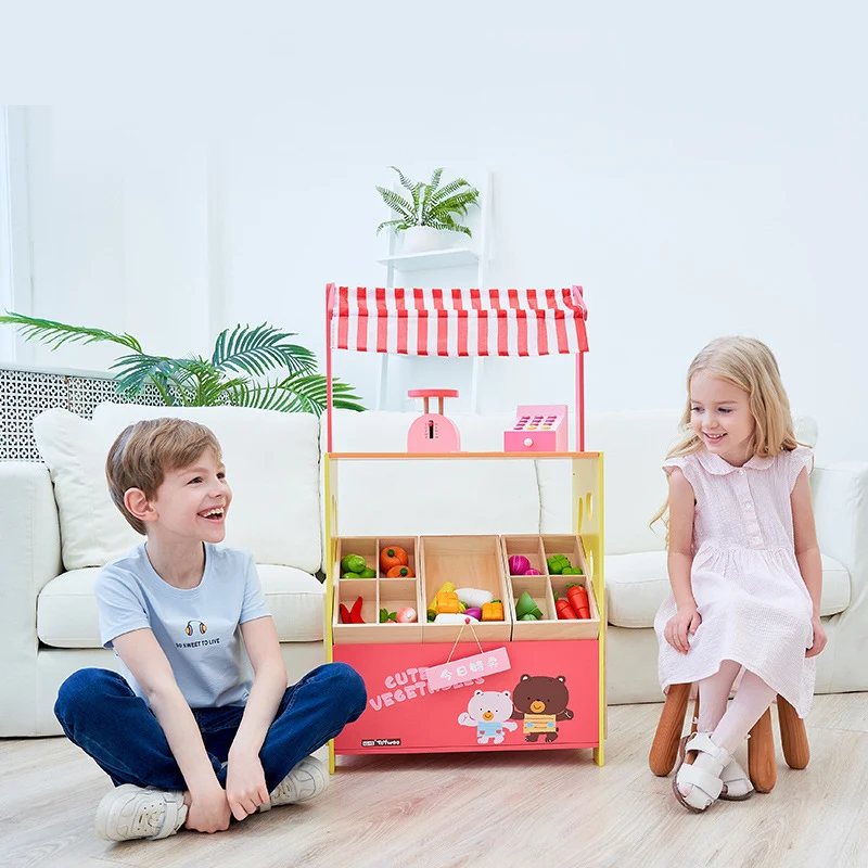 Children Pretend House Play Fruit Vegetable Selling Stand Stall Role Play Set Montessori Educational Wooden Toys For Kid Gift 3