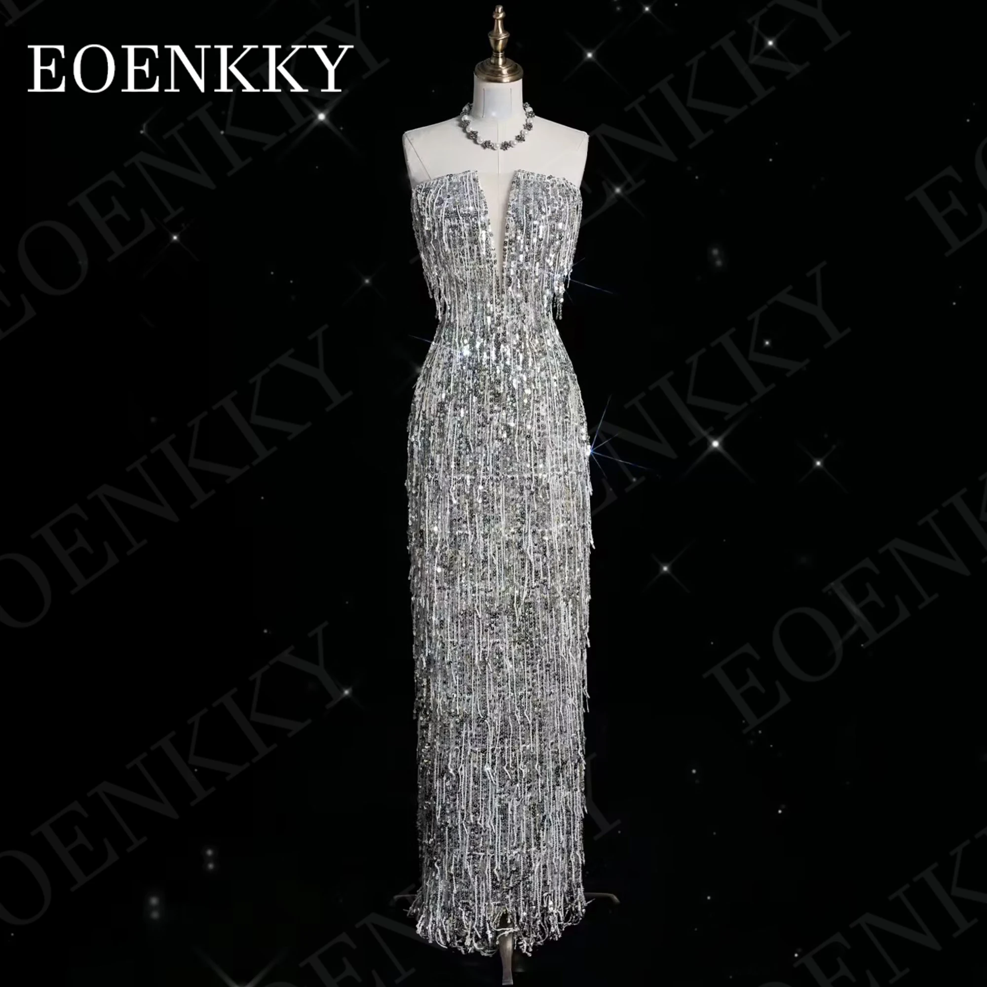 Silver Tassel Sleeve Black Sequin Mermaid Dress