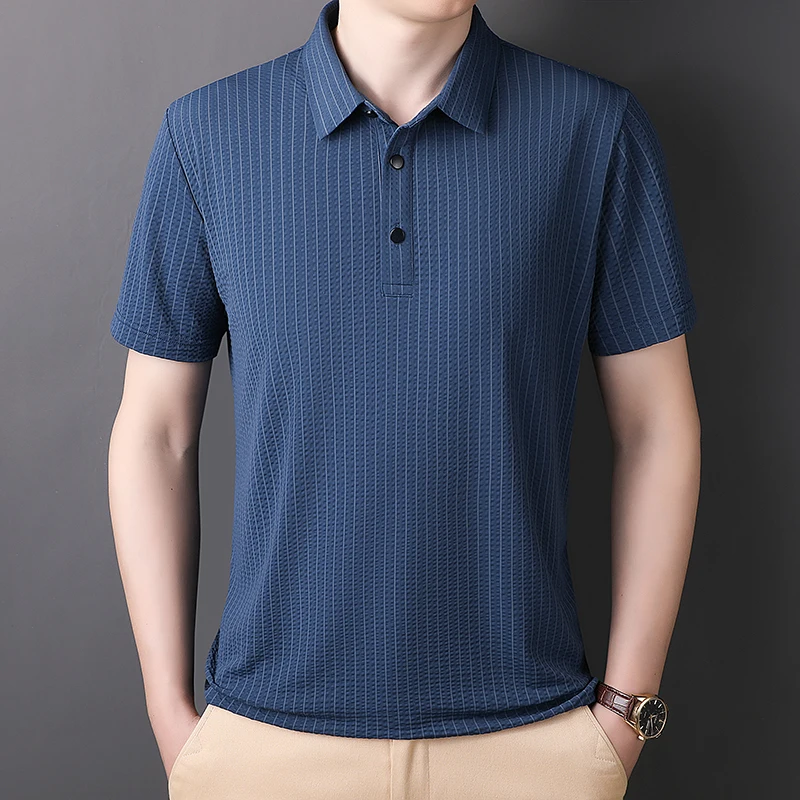 

Summer Fashion High Quality Ice Stripe Polo Collar Business Short Sleeved Top Versatile and Handsome Casual Men's Polo Shirt