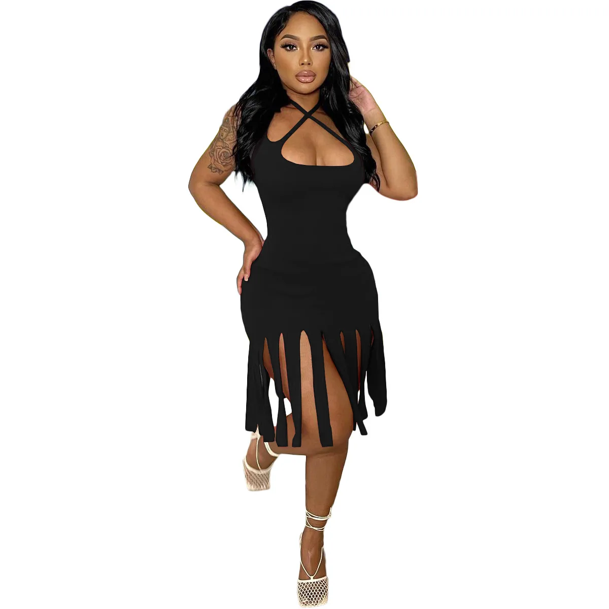 New Hot Summer Women's Solid Color Sleeveless Sexy Tight Tassel Stitching Hollow Nightclub Party Ladies Dress black leather skirt