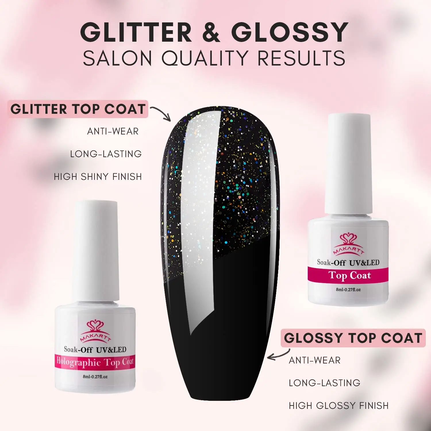 Makartt Holographic No Wipe Top Base Coat Set Soak Off UV LED Gel Nail Polish Glitter Mirror Top Base Coat Poly Nail Gel Shine 4