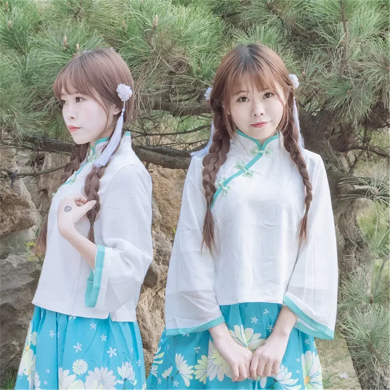 

Girls Summer Daisy Printed Top Skirt Set Old China Traditional Hanfu Retro Maid Cosplay Costume Ladies Dress Up Ethnic Outfits