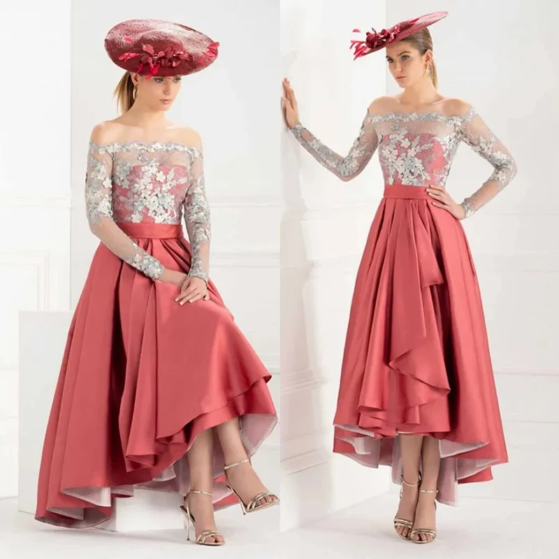 

Elegant Chic Lace High Low Off The Shoulder Long Sleeves Mother of the Bride Dress Wedding Guest Formal Occasion 2023