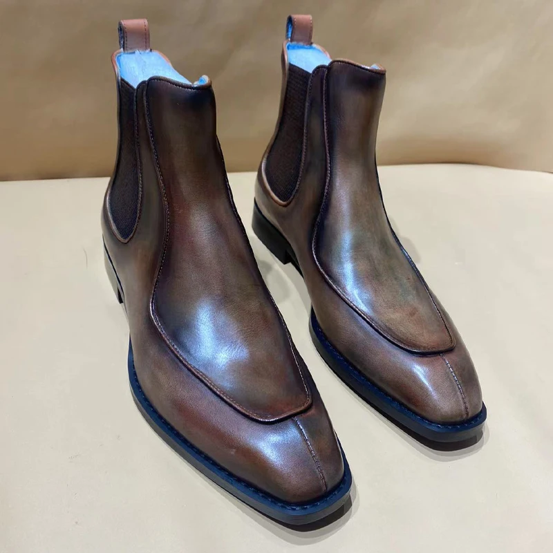 

Polished Men's Chelsea Ankle Boots Small Square Toe Vintage Slip On Casual British Style Handmade Office Shoes Men Boots