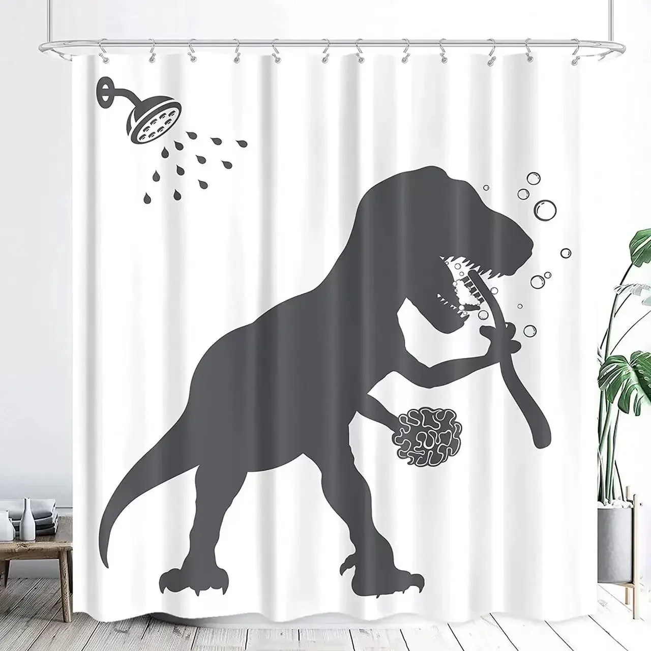 

Funny Dinosaur Shower Curtains Dino Shower Curtain For Kids Boy Raptor Silhouette Black White Cartoon Animal Home Bathroom Decor