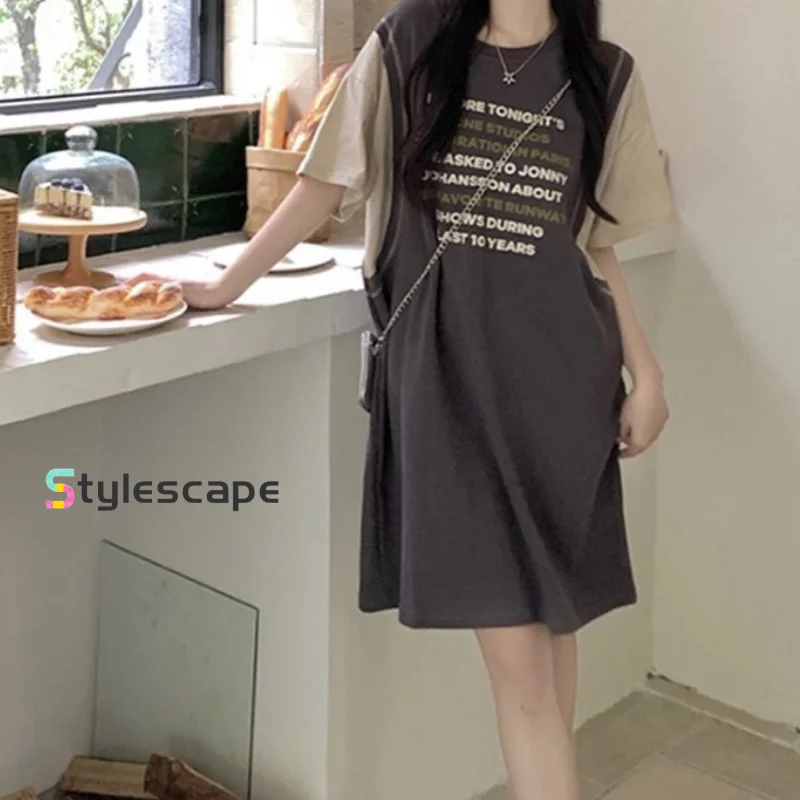 

Summer Korean Version Letter Print Contrasting Color Patchwork Fake Two-piece T-shirt Skirt Loose Casual Fashion Versatile Dress