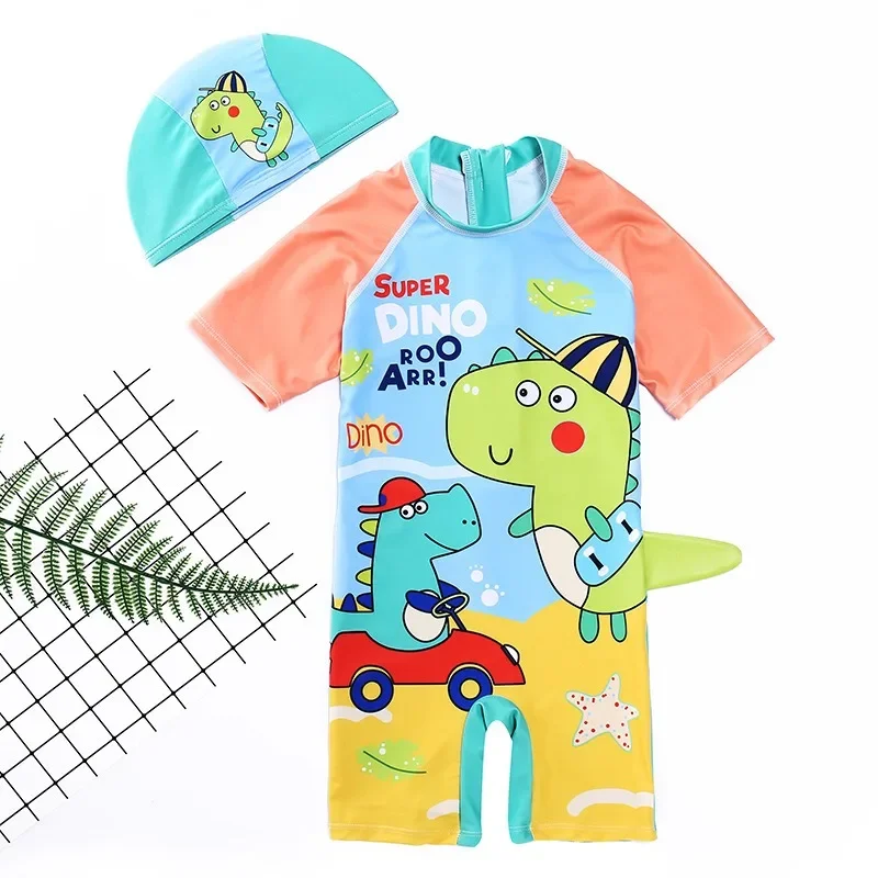 

New One-piece Boys Swimsuit Sun Protection Patchwork Swimwear Cartoon Dinosaur with Hat Short Sleeved Hot Spring Bathing Suits