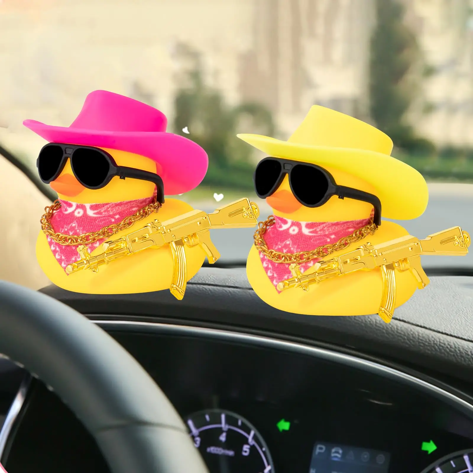 Rubber Duck Car Ornaments Duck Car Dashboard Decorations for Cool Car Accessories with Cowboy Hat Necklace and Sunglasses 6
