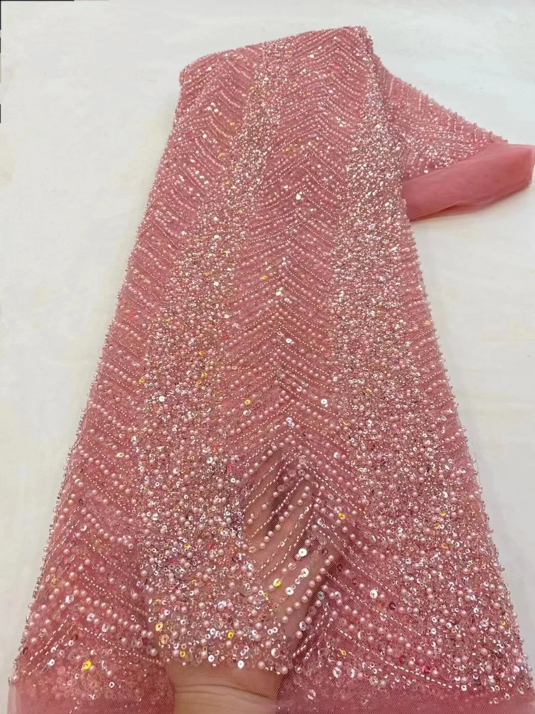 

High-end Heavy Beaded Sequin Fabrics Embroidered in Tulle for Wedding Evening Dress White Lace Fabric Nigerian Fabric 5yrds Sew