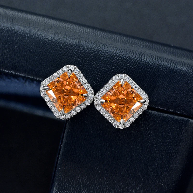 OEVAS 100% 925 Sterling Silver 7*7mm Aquamarine Yellow Pink High Carbon Diamond Stud Earrings For Women Sparkling Fine Jewelry