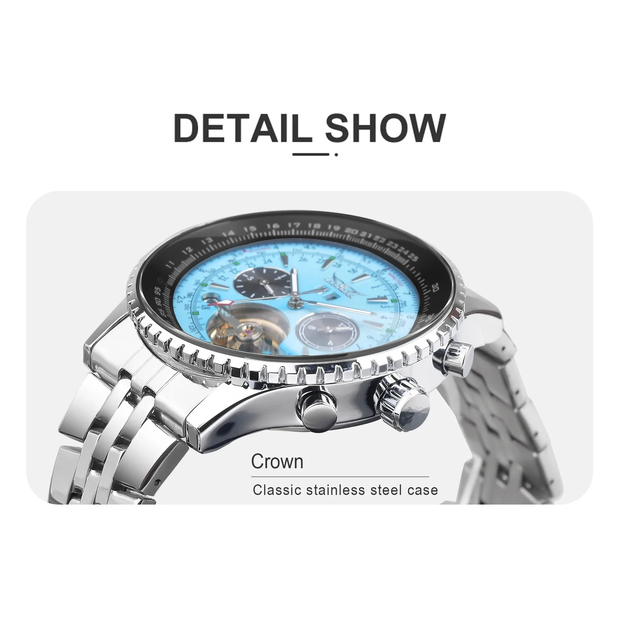 JARAGAR JAR034 Men Automatic Mechanical Watch Fashion Tourbillon TFN Blue Dial Date Display Stainless Steel Military Sport Clock