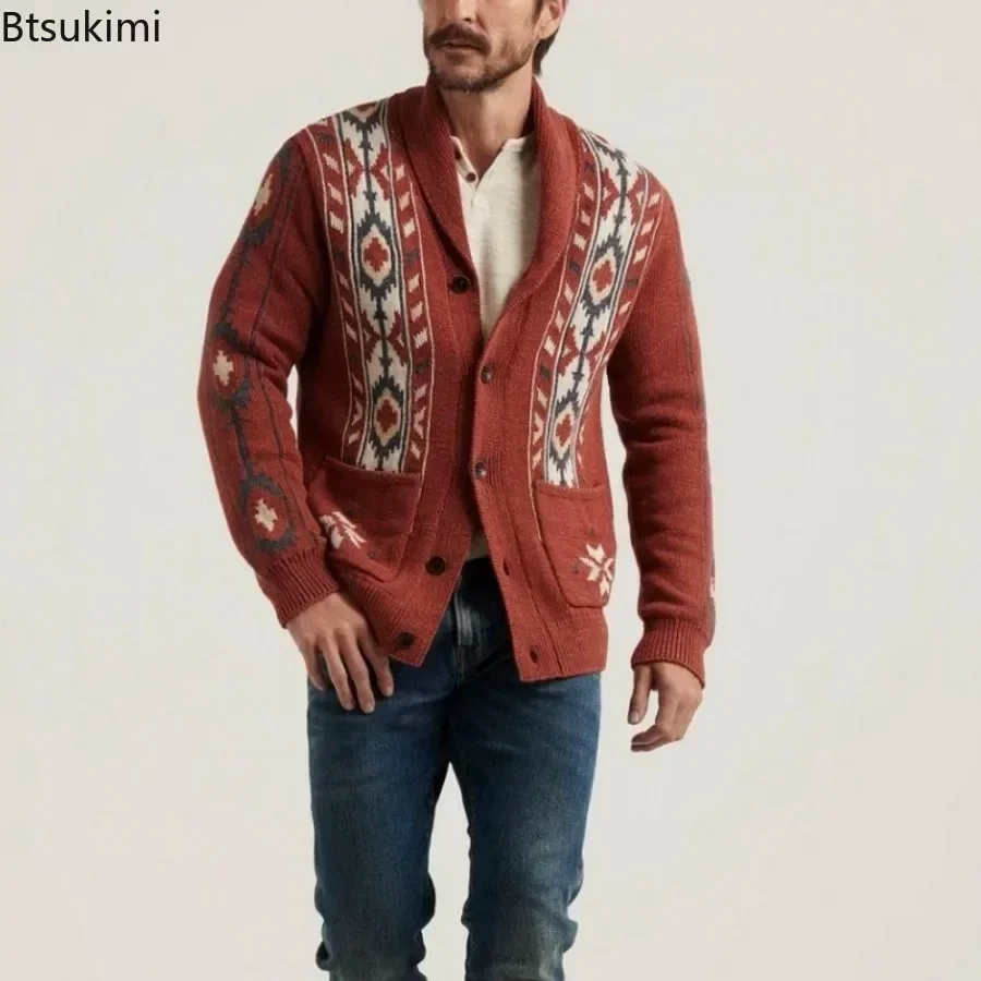 2024 Autumn/Winter Men's Sweaters Lapel Retro Jacquard Sweater Coats Man Knitted Cardigan Thicker Warm Sweater for Men's Jacket