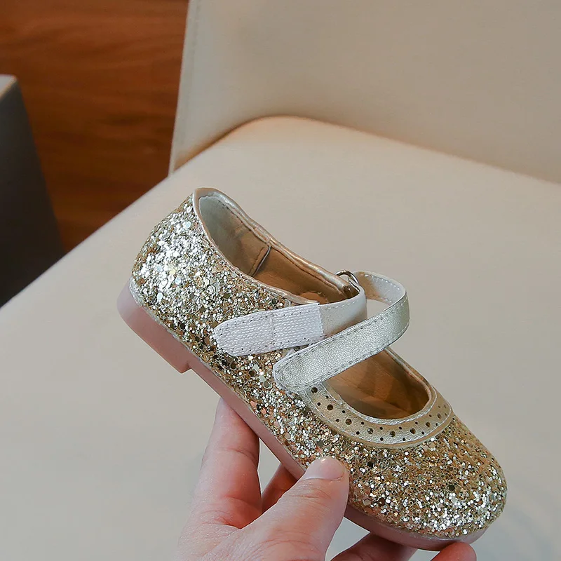 Children's Leather Shoes 3-18 Years Old Sequins Soft Girls Performance Shoes Spring Autumn Gold Flat Non-slip Kids Single Shoes 5
