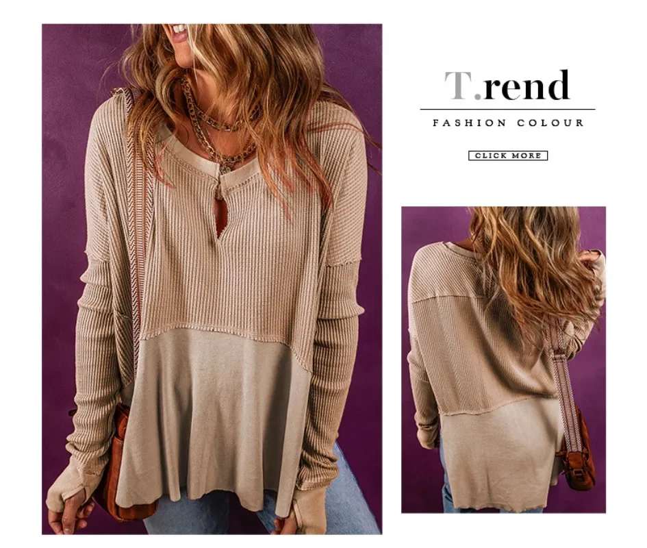 2024 New Women's Waffle Half Open Collar Pullovers Patchwork Long Sleeved Sweatshirts for Women Loose Casual Tops NASY0006