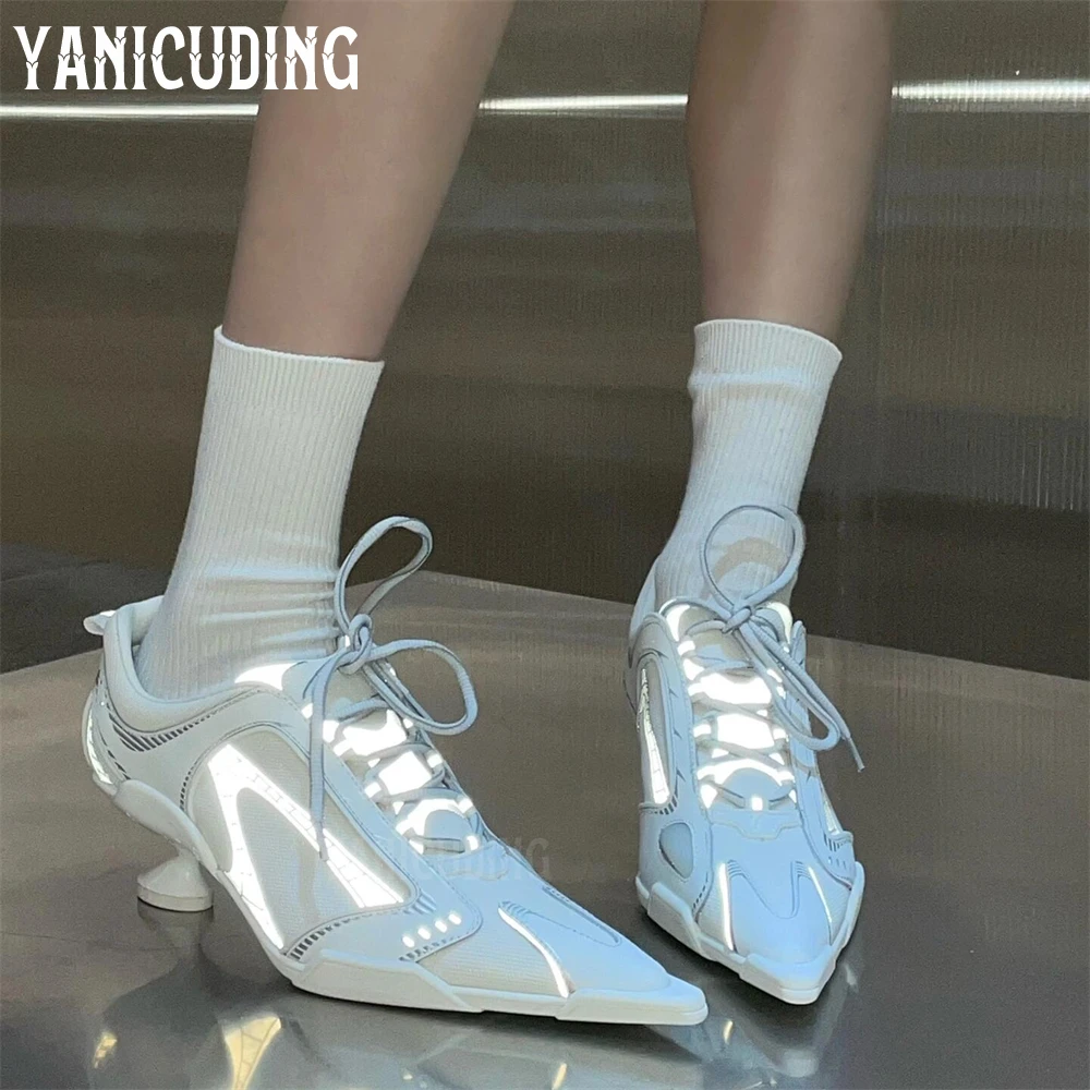 Pointed Toe High Heeled Sneakers for Women Novelty Designer Style Comfortable High Heels Mesh Fashion Strange Heel Sporty Heels 3