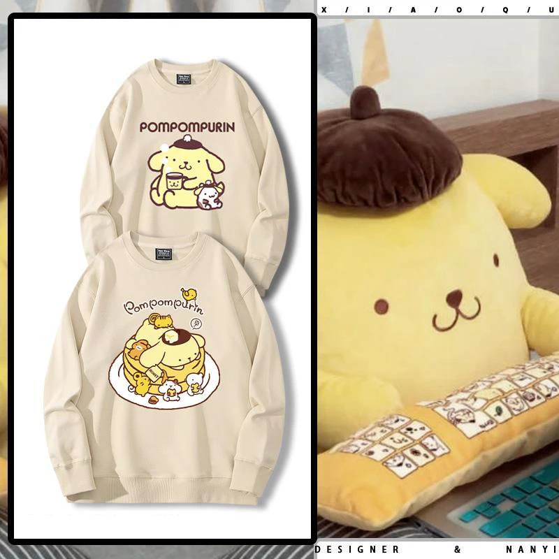 

Милые толстовки с капюшоном Sanrio с героями мультфильмов пурин, обычные или флисовые повседневные аниме топы без капюшона с длинными рукавами и круглым вырезом