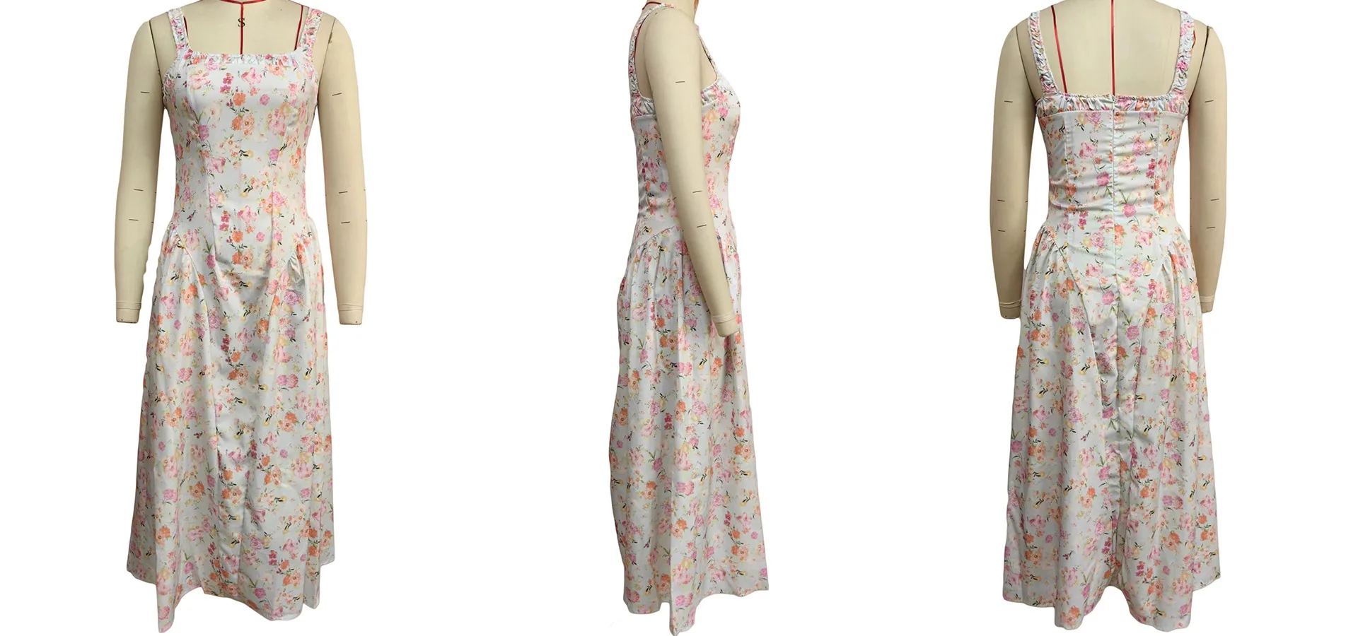 Flower Print Spaghetti Strap Dresses Women Fashion Sexy Backless Low Cut Folds Vacation Style Slim Midi Dress Female Vestidos