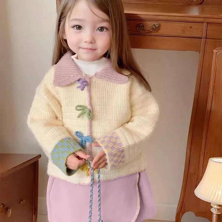 

Childrens Sets Korean Clothing Girls New Autumn Season New Sweet Contrasting Colors Sweater Baby Skirt Turn Down Collar