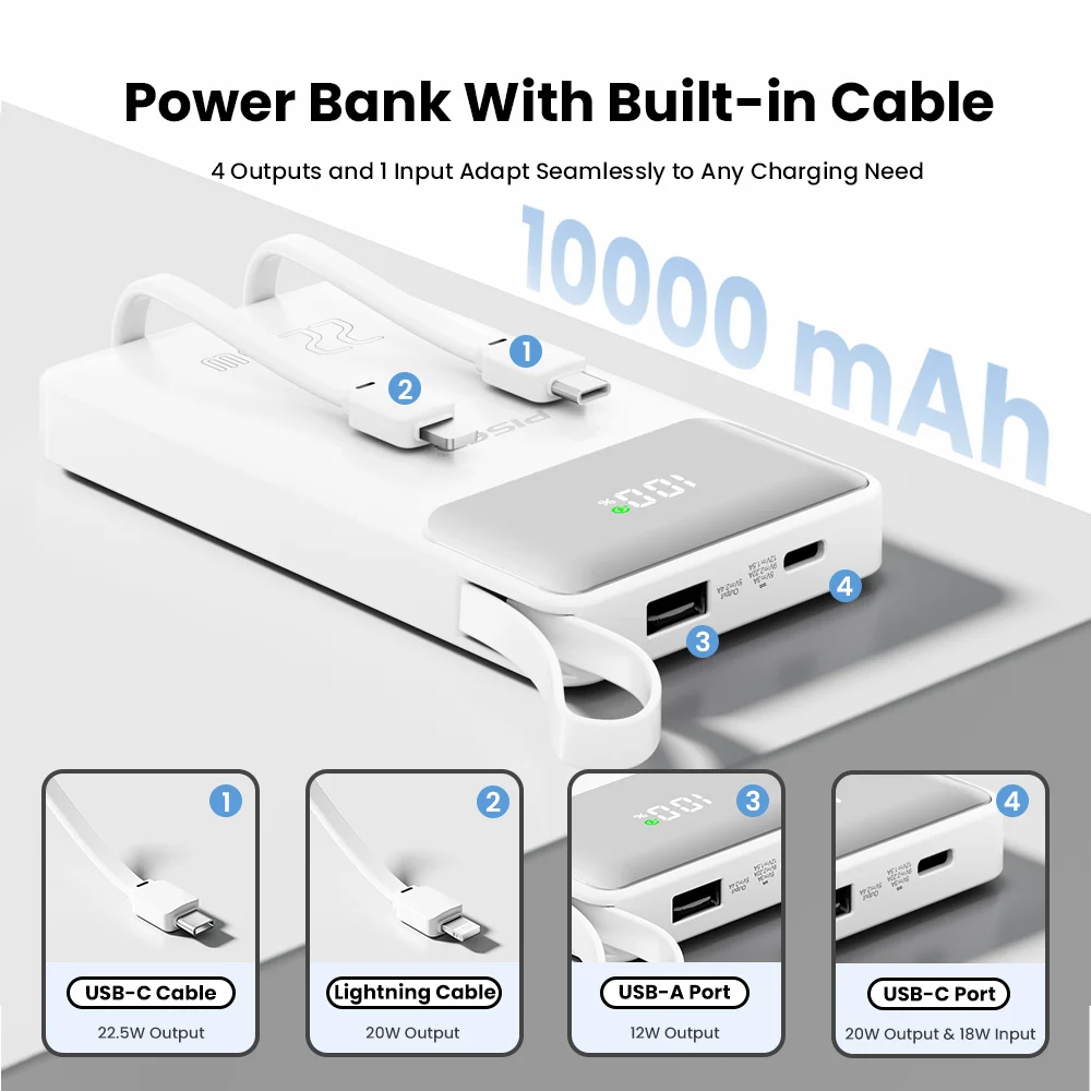 PISEN 3C Certified 22.5W Power Bank 10000mAh/ 20000mAh With Built-in Type C/L Cables Fast Charging Powerbank For iPhone Samsung 2