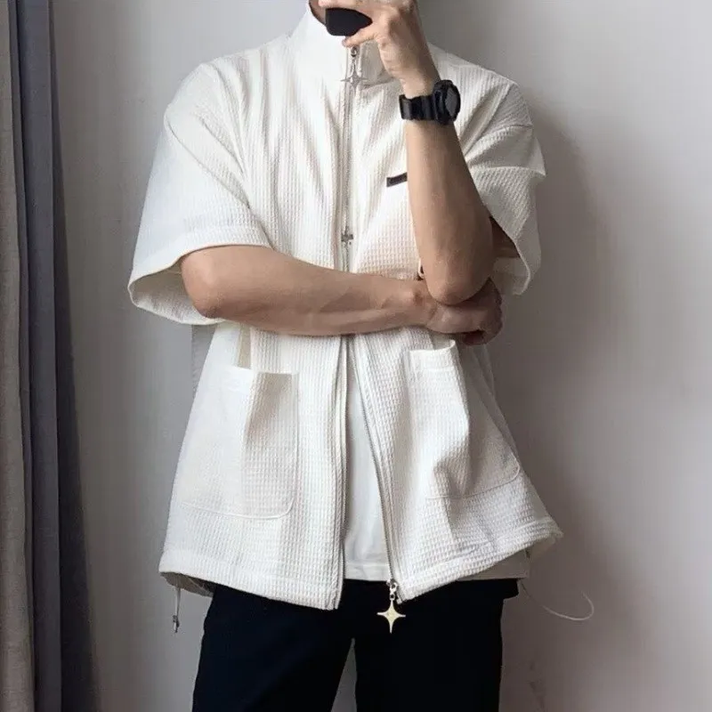 

Рубашка мужская на молнии, винтажный однотонный кардиган с воротником-стойкой, с карманами, Повседневная сорочка с рукавом до локтя, уличная одежда, лето