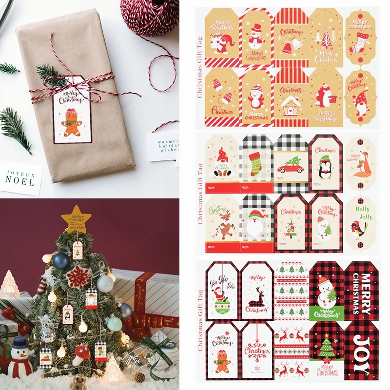 

50pcs Christmas Kraft Paper Tags Labels Cute Santa Snwoman Gift Wrapping Paper Tags Hang Cards New Year Xmas Party Decorations