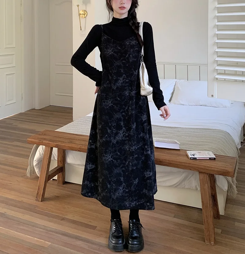 

Large size autumn/winter high neck bottom sweater for women+corduroy halo dyed mid length slimming suspender dress