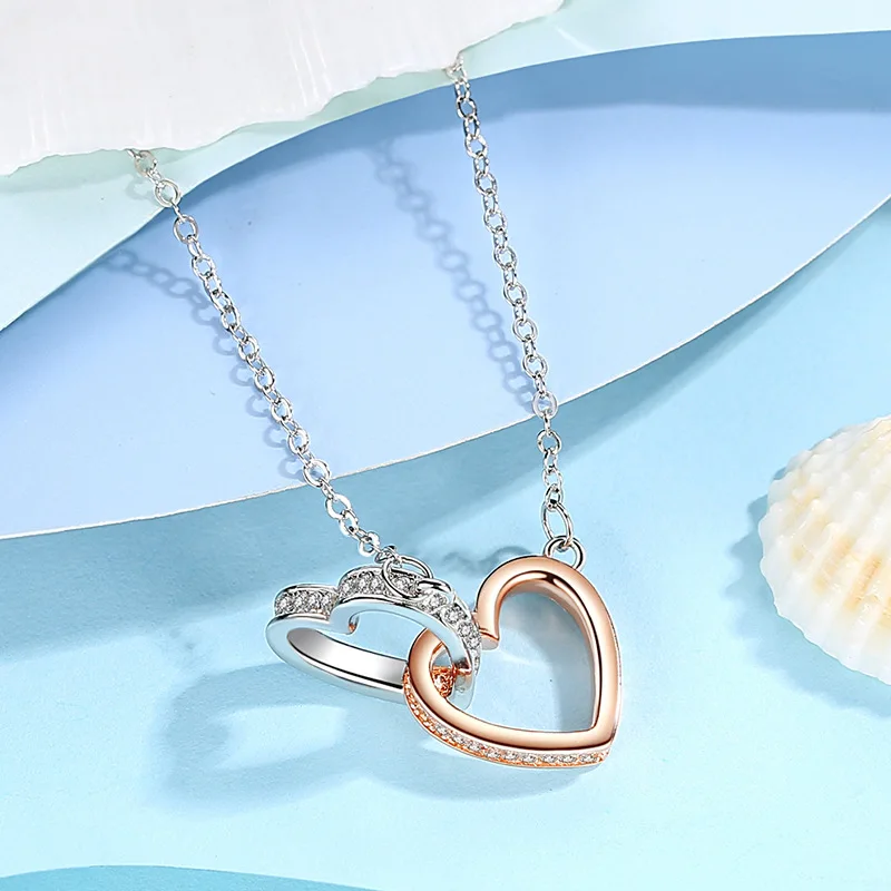 Love Necklace Sweet Pendant Pure Silver Simple Heart to Heart Collar Chain Women's Fashion Jewelry Gift