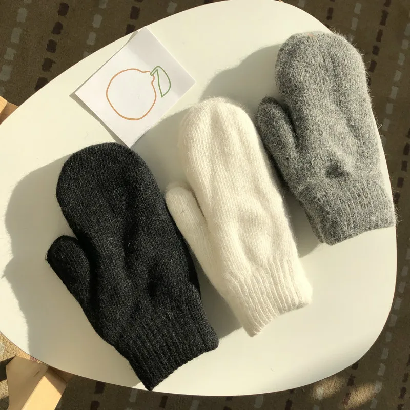 Double-layer Rabbit Hair Gloves Female Winter Cold Korean Version of Solid Color All Fingers Winter Women Gloves Girls Mittens