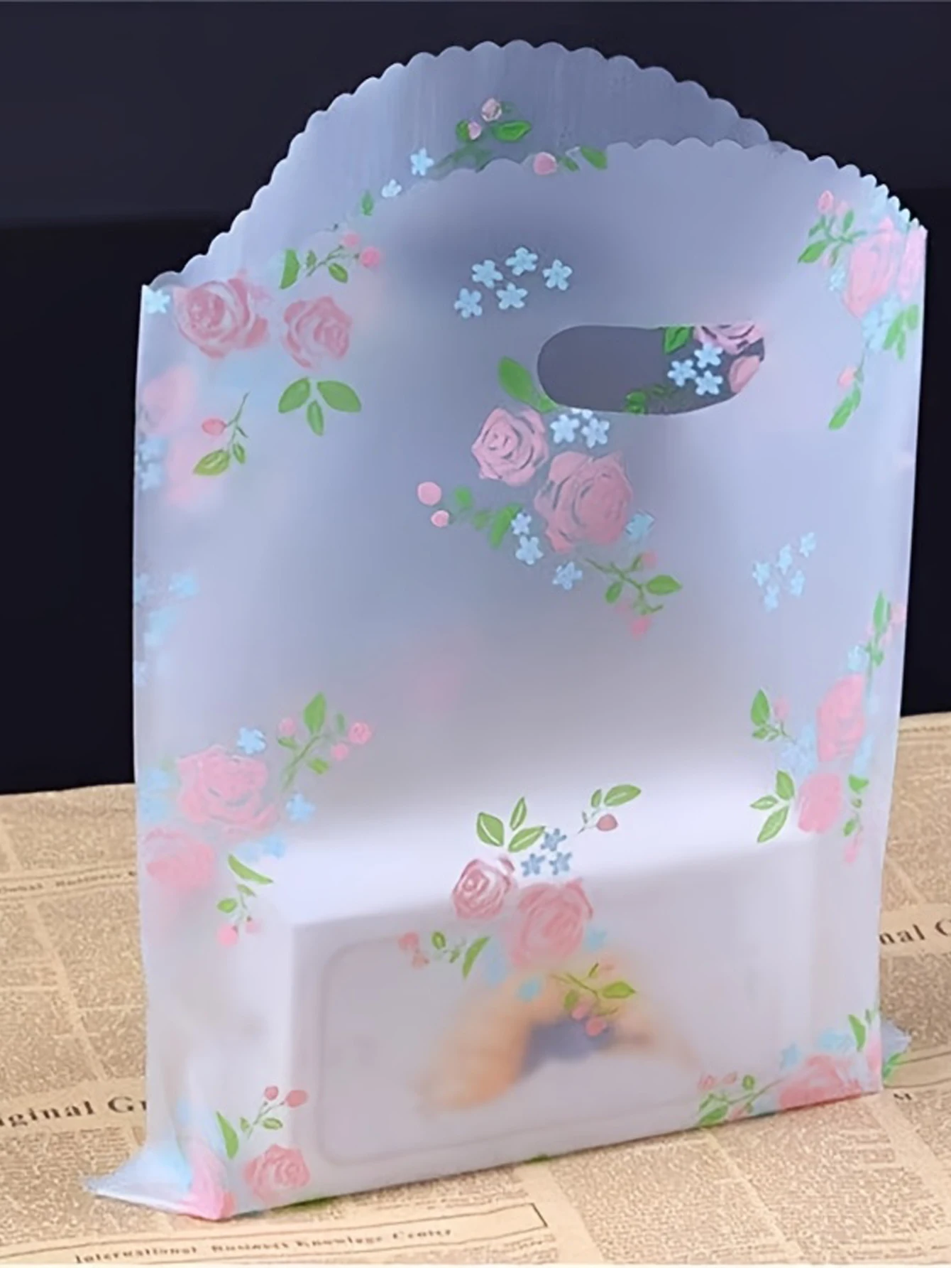 50 Stück Dankes-Geschenktüten mit Griff, Boutique-Verpackungsbeutel, Souvenir-Tasche, Kunststoff-Einkaufstasche mit Blumenmuster, Geburtstagsfeier, Hochzeit, Souvenir-Tasche – Detail 6