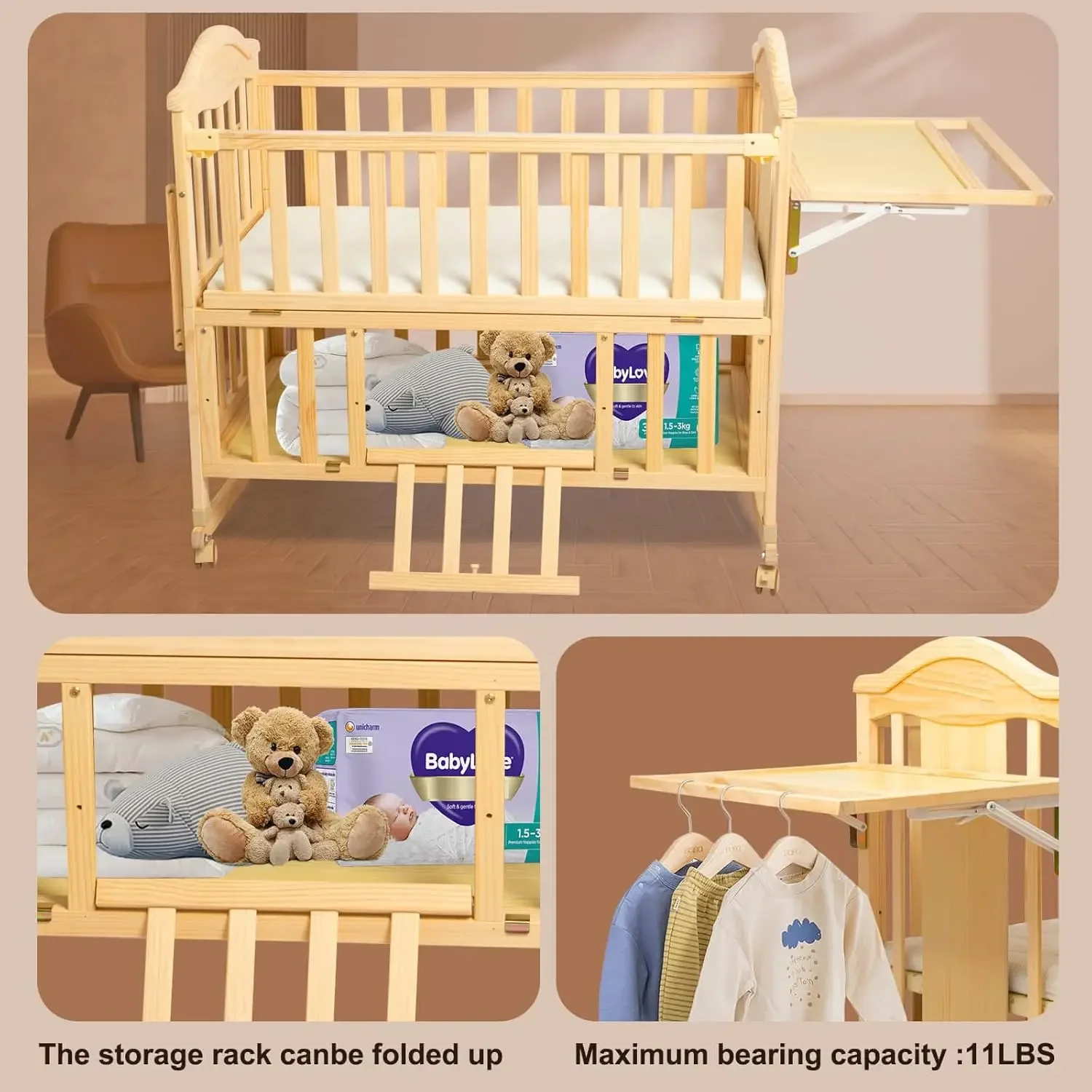 Mini Baby Cribs 4-in-1 Convertible - Cunas para Bebes with Changing Shelf and Mattress Included,2024 Wood Baby Bassinets Bedside 2
