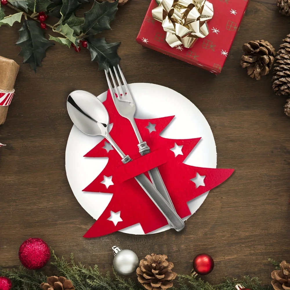 Festive Christmas Utensil Holder Set, Black Reindeer & Gray Star Fork Knife Covers for Holiday Table Setting, Dinner Party Decor