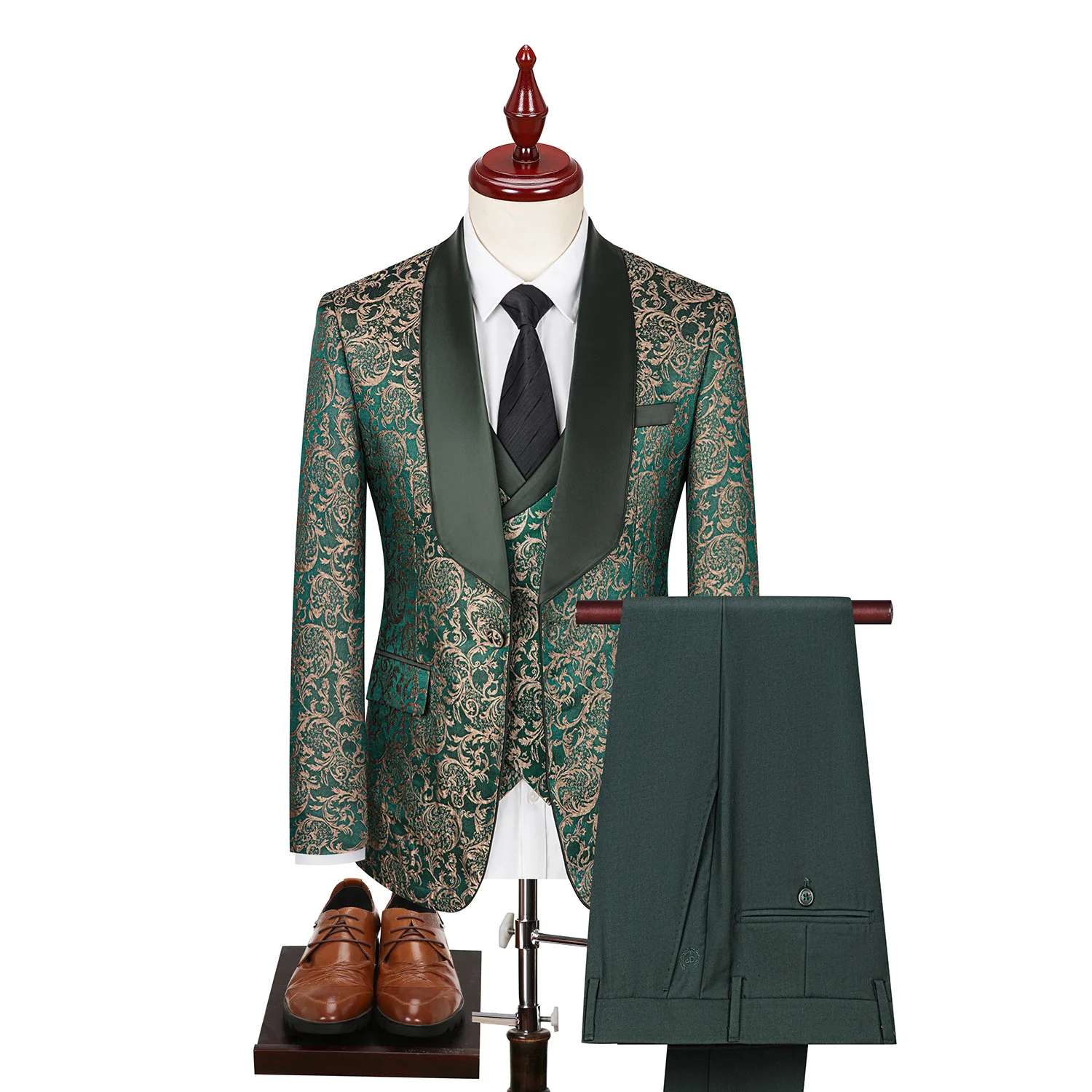 Embroidered Men Suit 3 Pieces Printed Striped With Lapel For Wedding Banquet Work Business Tuxedo Set Jacket Vest With Pants