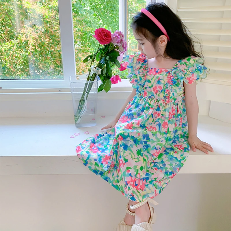 Girls Dress Summer Kid Foral Print Ruffles Square Neck Princess Style Fashion Casual Breathable Picnic Costume girls dress princess costume kids clothes