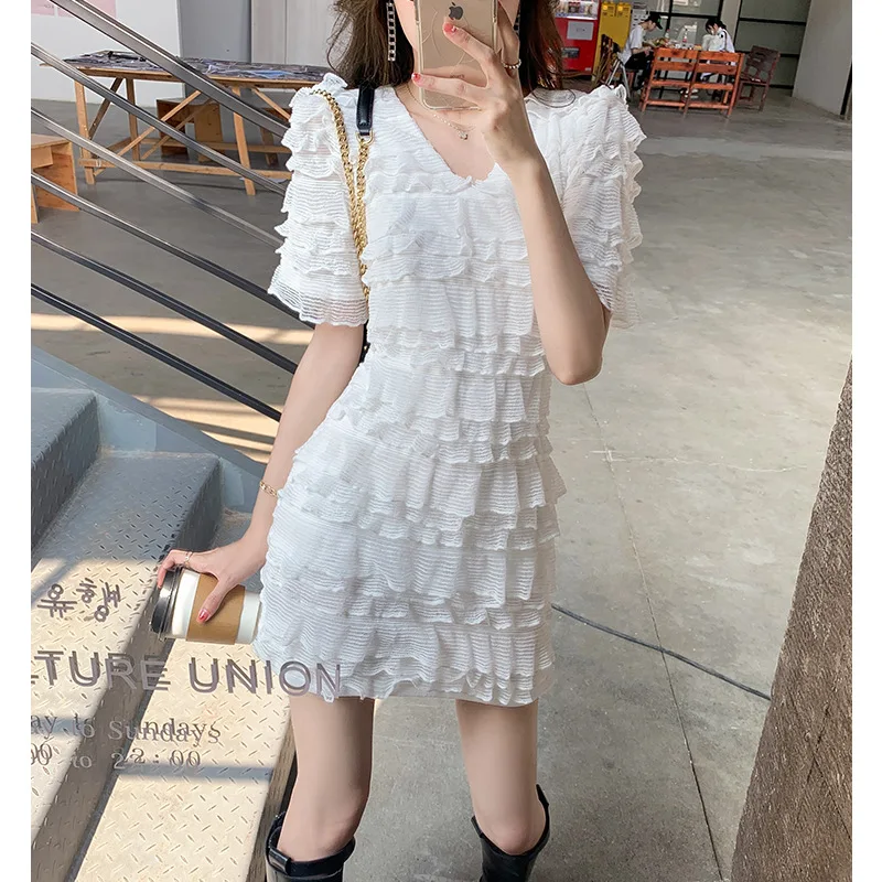 

French Kikyu Solid V-Neck Ruffle Edge Dress 2024 Summer New Sweet Short Sleeve Short Skirt Short Style
