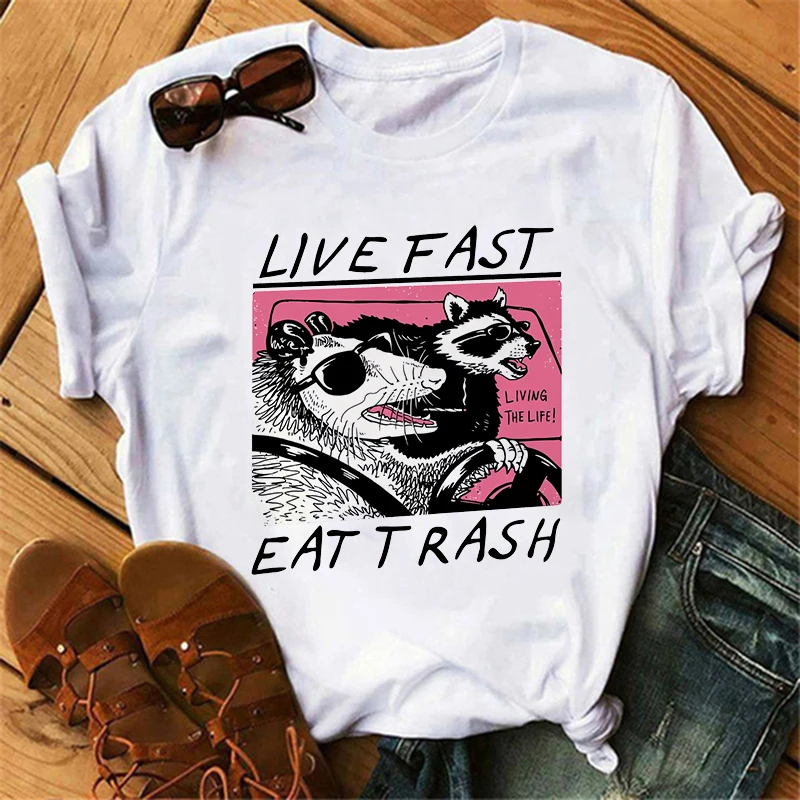 

Live Fast Eat Trash Tshirt Women Funny Street Cats Printing Graphic Tee Anime T-shirt Summer Short Sleeve Women's Trend T-shirts