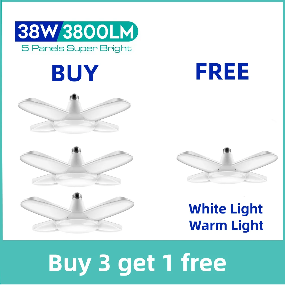 

LED Garage Lights 38W Deformable Led Garage Lights, 3800LM Led Garage Ceiling Lights with 4 Ajustable Panels