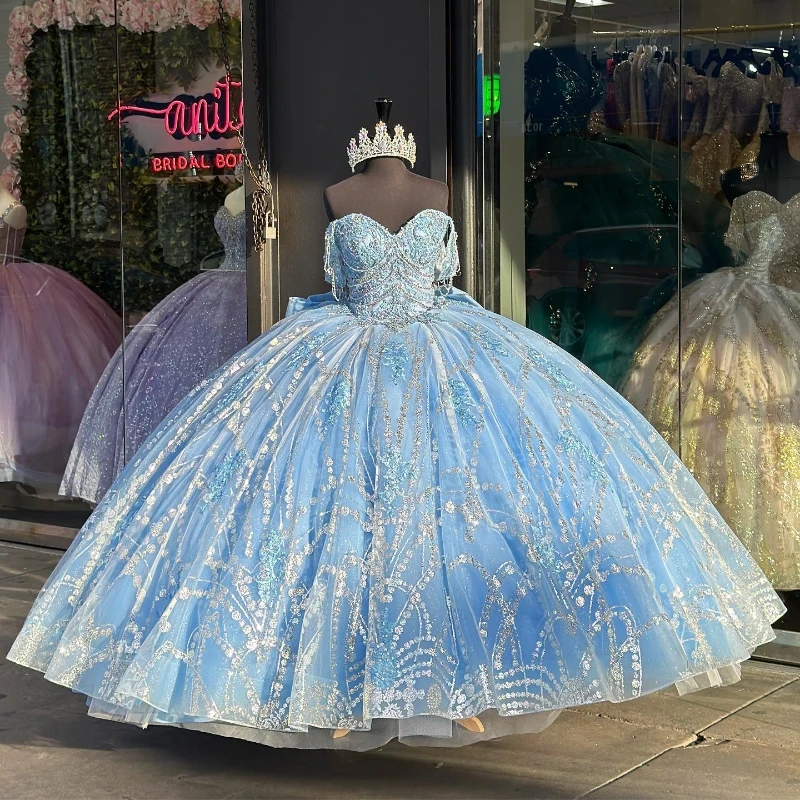 

Elegant Sky Blue Sparkly Princess Off Shoulder Quinceanera Dresses Lace Beads Crystal Bow Tull Sweet 16 Ball Gown Vestidos 15 De