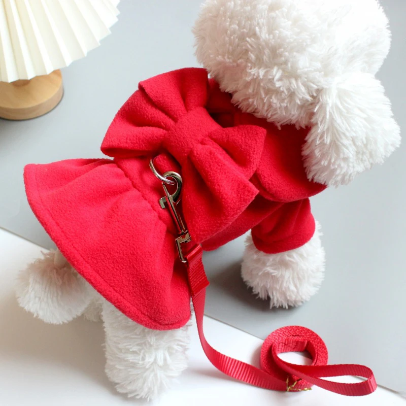

New Winter Pet Dog Dress Cute Bowknot Dog Clothes For Small Dogs Warm Fleece Puppy Teddy Dress Chihuahua French Bulldog Clothes