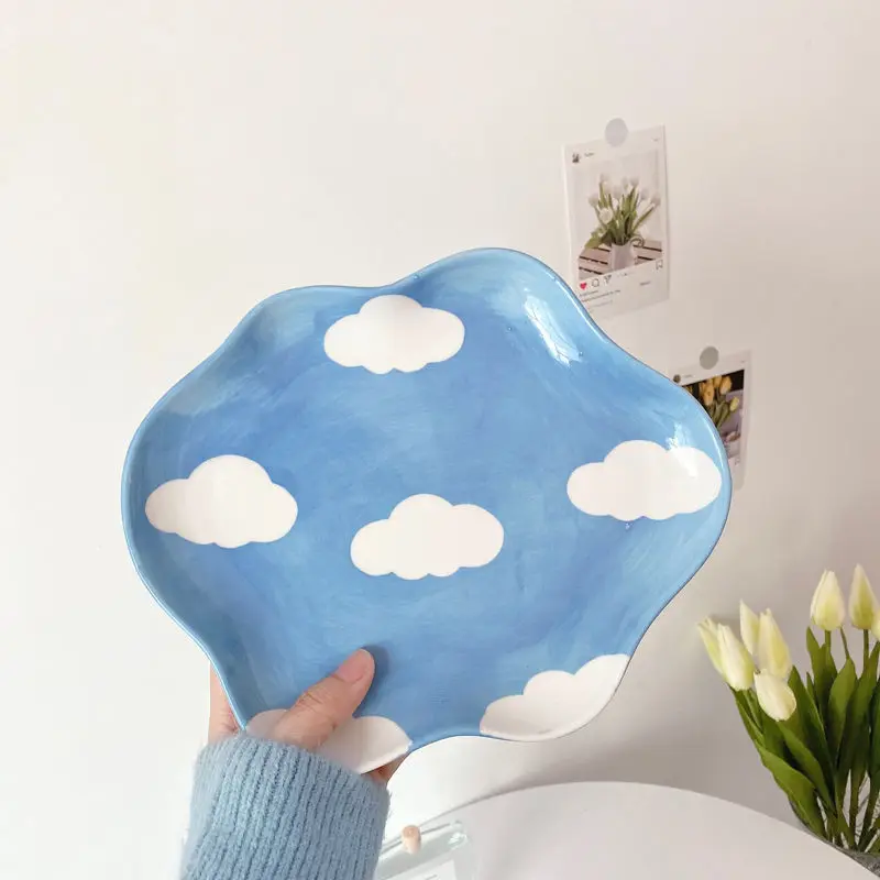 Cloud Ceramic Plate Fruit Dessert Breakfast Plate Home Korean Version Small Fresh Cloud Hand Painted Cute Girl Heart Gift